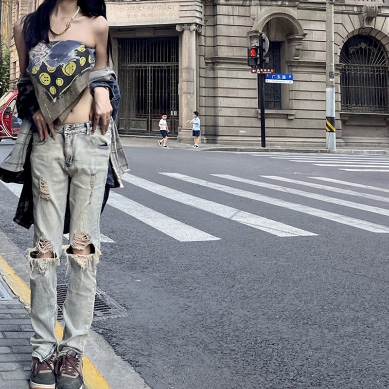 Quần jeans rách dáng ôm 9AG1 kéo khóa zip phong cách đường phố hiphop Âu Mỹ