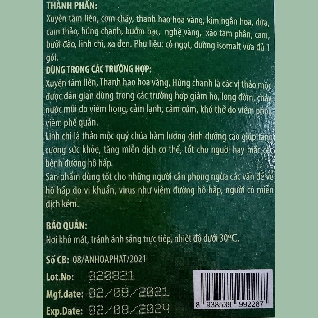 Trà túi lọc Xuyên Tâm Liên ( 20 Túi lọc) - Phòng ngừa các vấn đề về đường hô hấp do vi khuẩn, virus | BigBuy360 - bigbuy360.vn