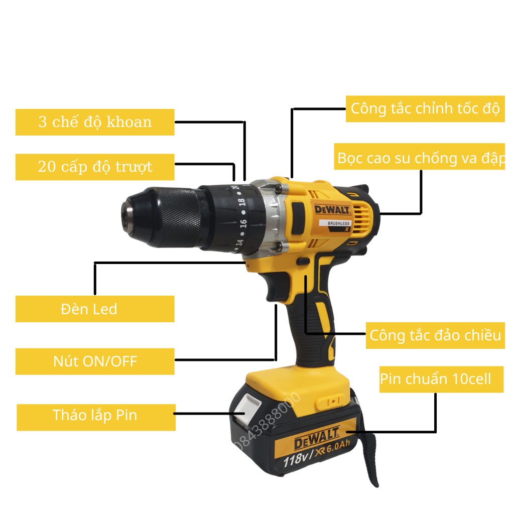 Khoan pin DEWALT 118V - Máy Bắn Vít 2 PIN KHỦNG 10 CELL - 3 chức năng: Khoan bê tông, sắt, gỗ, bắn vít, bắn tôn...