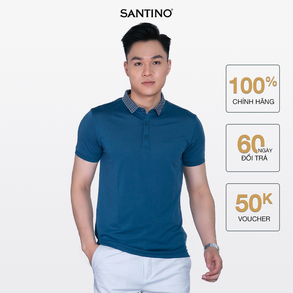 Áo Polo nam Cá Sấu SANTINO form chuẩn, xanh than phối bo cổ co giãn chống nhăn trẻ trung E005