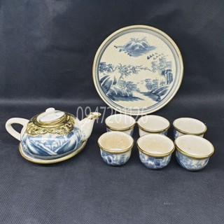 Bộ ấm chén men rạn cổ bọc đồng dáng nhỏ, khay tròn, vẽ sơn thủy, dung tích ấm 230ml - Gốm sứ Bát tràng.