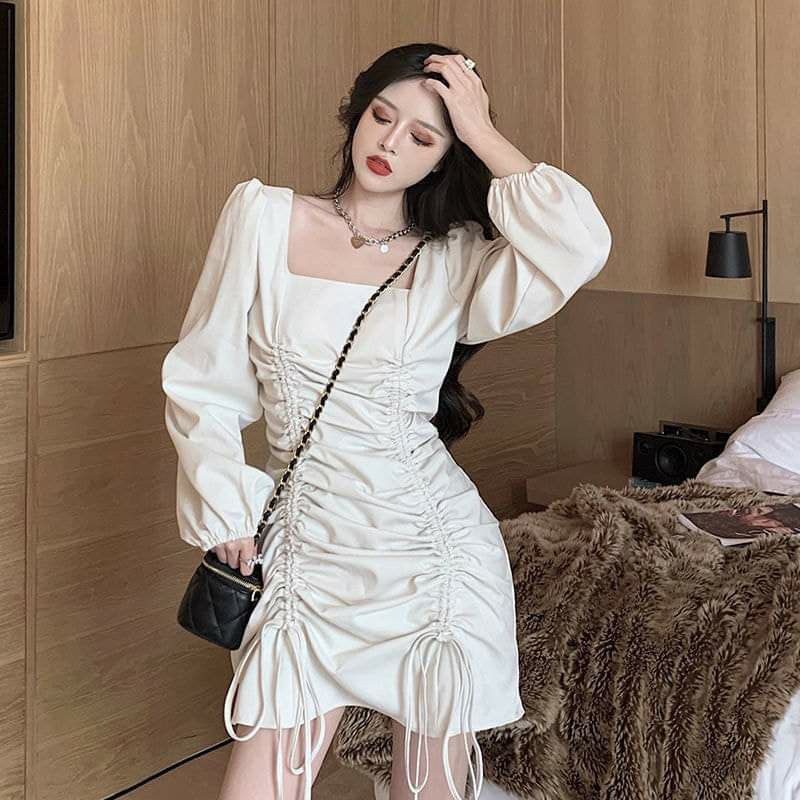 Váy body dây rút eo dài tay bo chun hàng QC