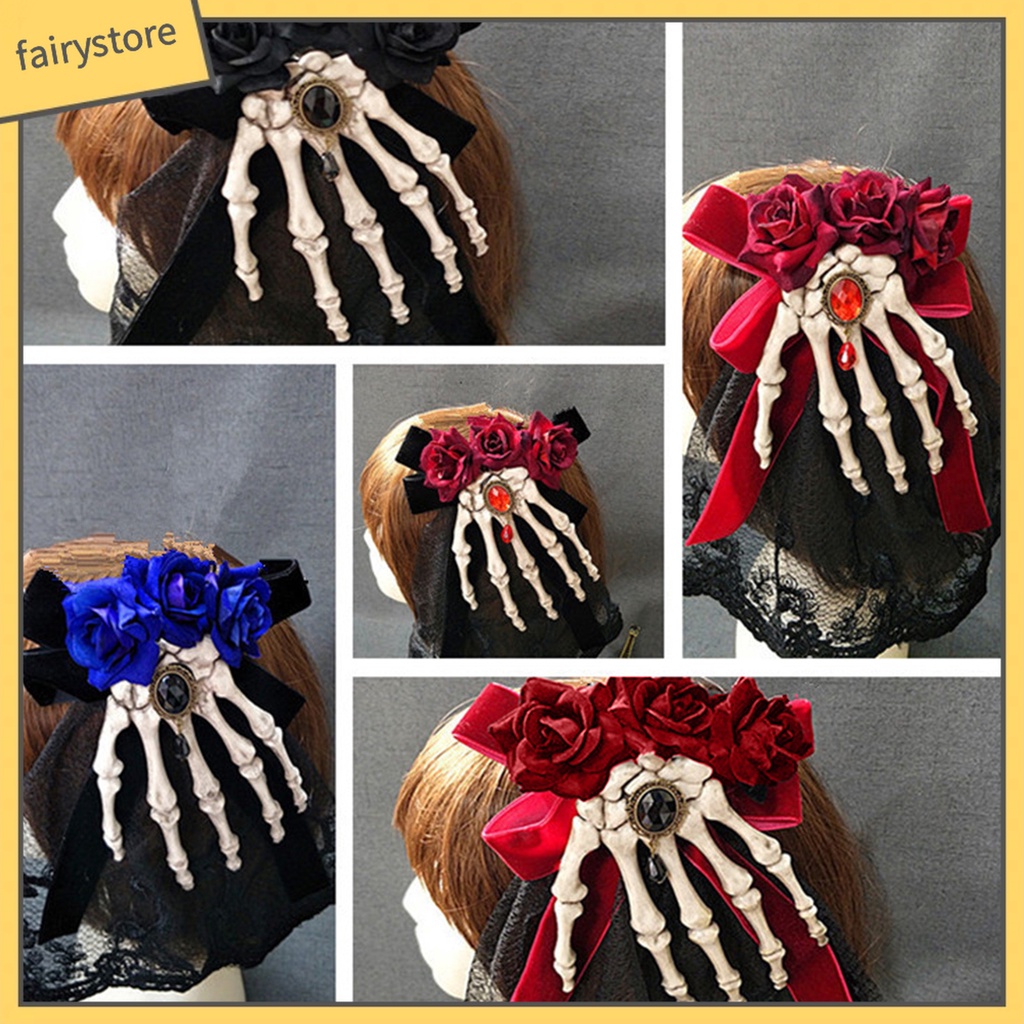 Kẹp Tóc Hình Bàn Tay Xương Hoa Hồng Bằng Vải Chống Trượt Hóa Trang Halloween