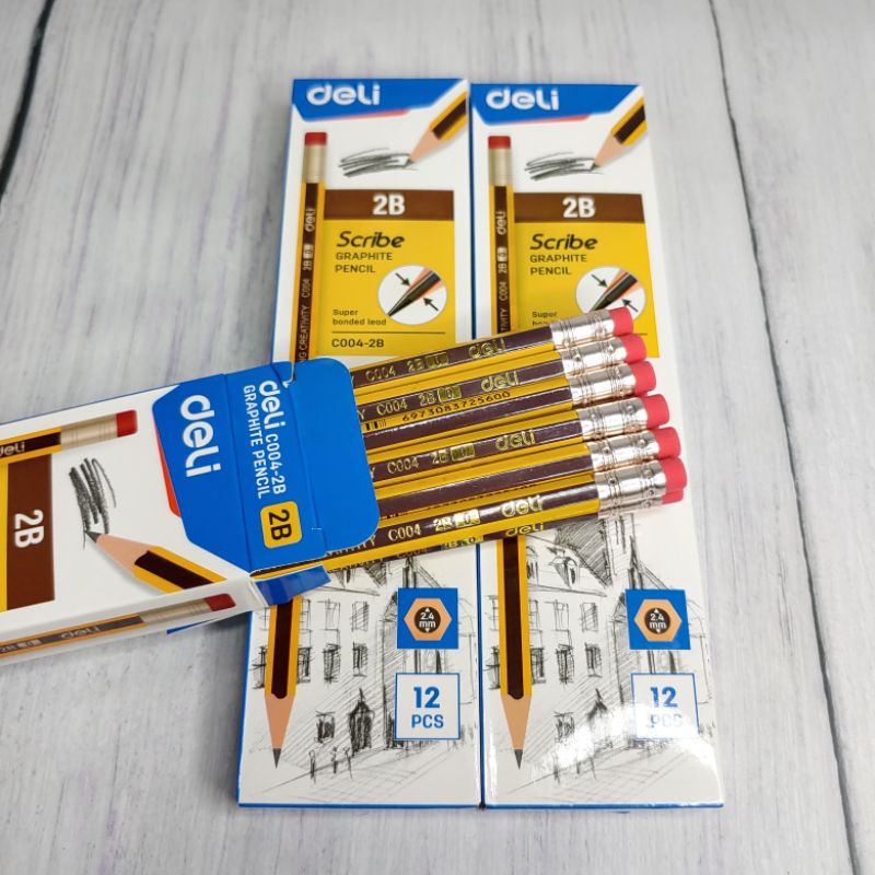 ✅ Bút Chì 2B Deli - Viết Chì Có Đầu Gôm - Scribe - Kẻ Sọc Vàng Sọc Đen - C004-2B