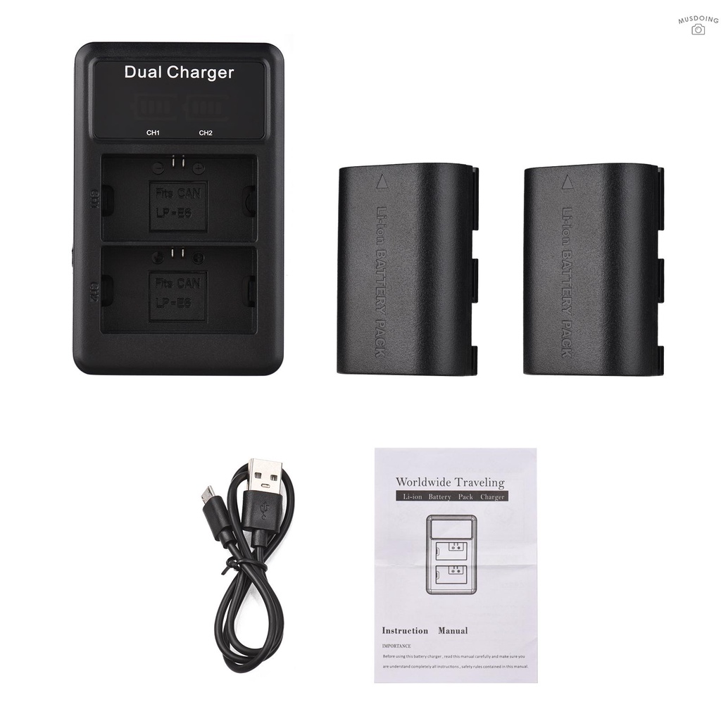 ღ LP-E6/ E6N Battery & Charger Kit 2pcs 7.4V 2650mAh Battery + 1pc LED2-LPE6 Dual Channel Camera Battery Charger USB Port LCD Screen Display Replacement for Canon EOS 5D Mark II/III/IV 6D 7D 60D 70D 80D