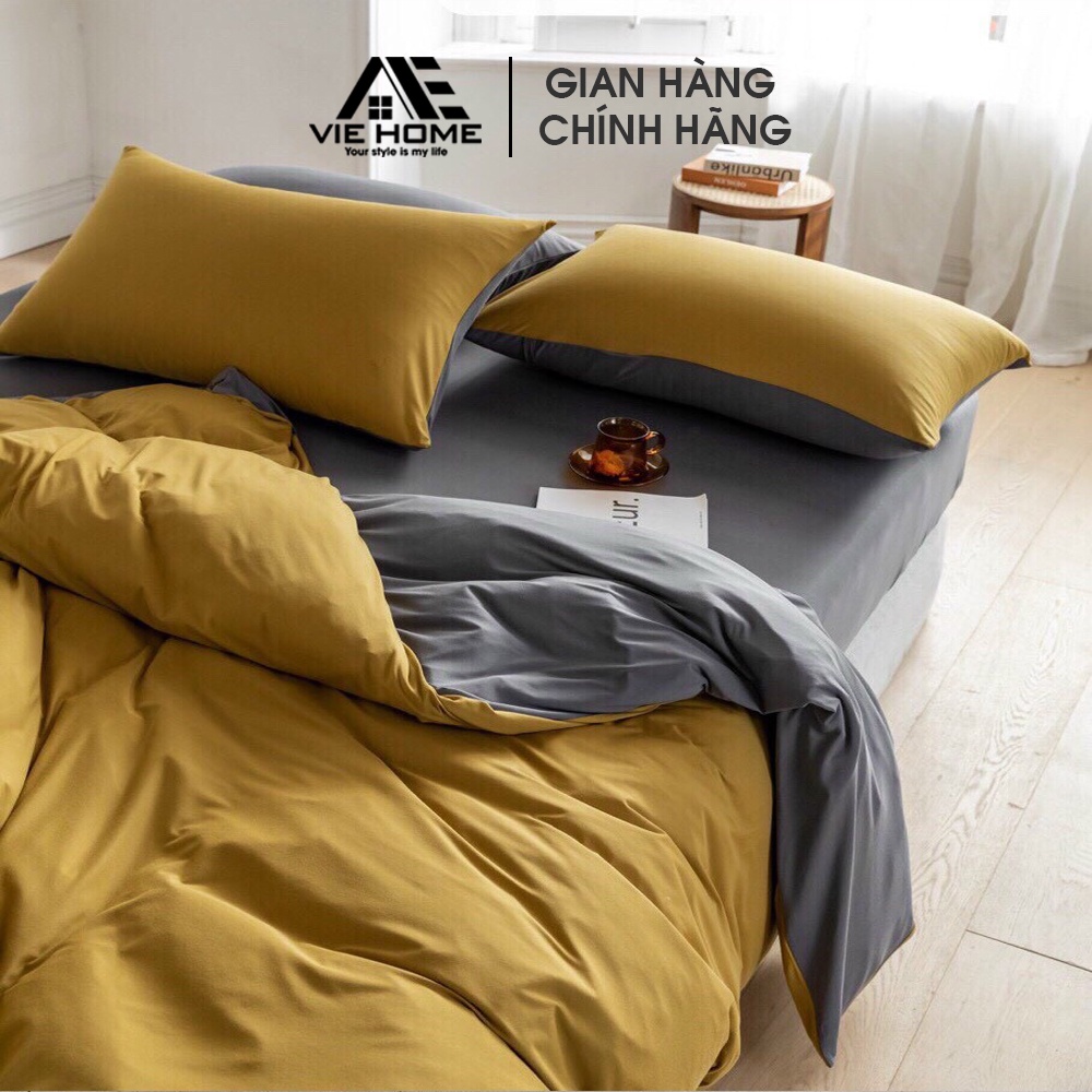 Bộ chăn ga gối cotton tici VIE HOME cotton đũi phong cách hàn quốc trơn màu đẹp