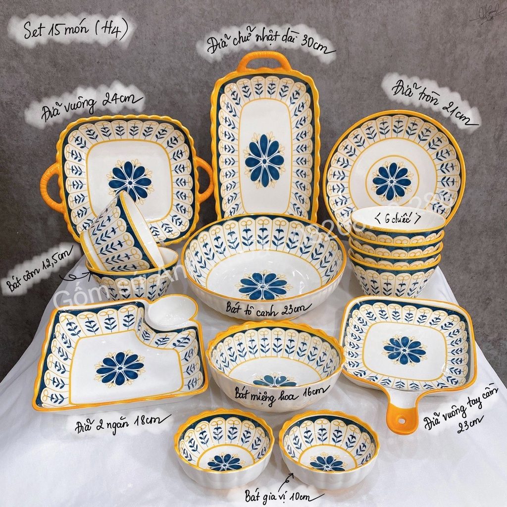 Sét Bát Đĩa sứ Decor Chén Dĩa Sứ Dễ Thương Cute Cao Cấp  sét thổ cẩm 15 món xinh yêu H5