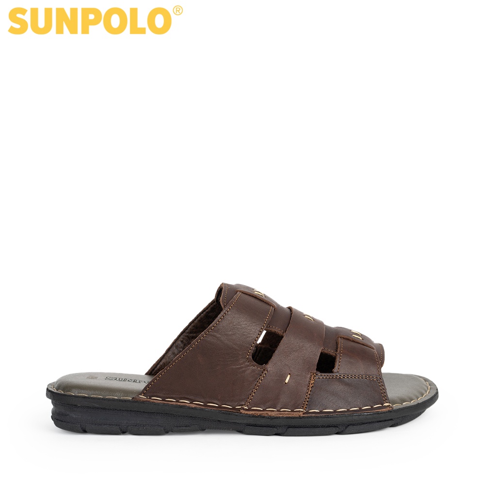 Dép Quai Ngang Nam Da Bò Cao Cấp SUNPOLO Nâu - SUA13N - Có Big size 44 45