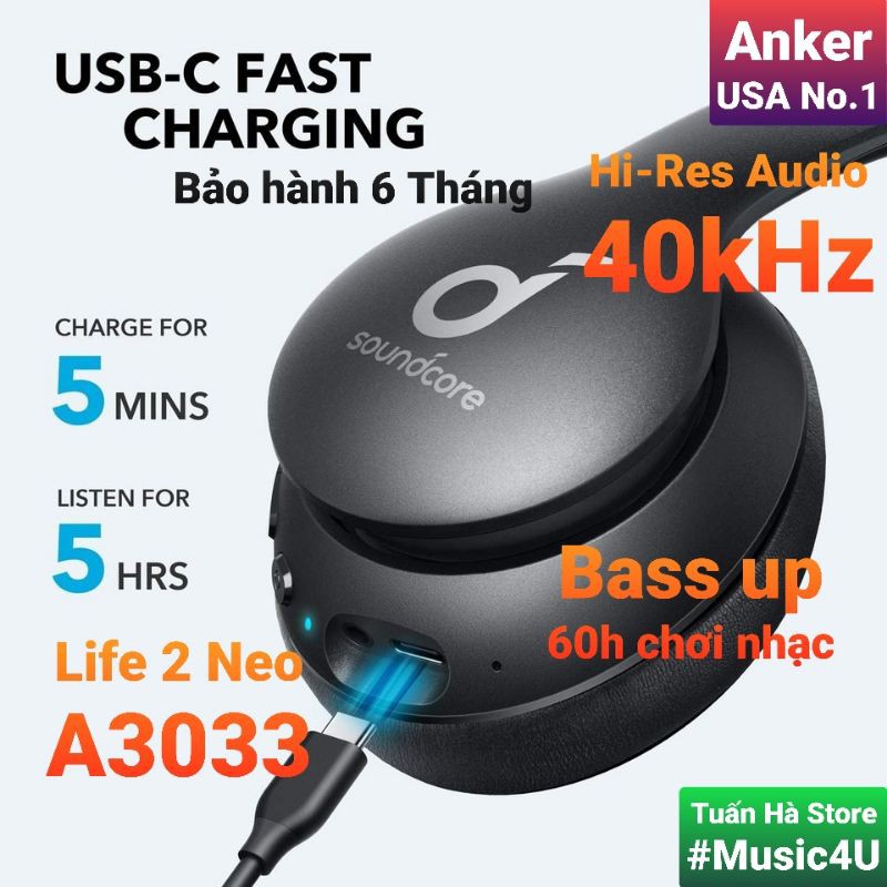 [Mã ELMS4 giảm 7% đơn 500K] Tai nghe không dây Anker Life 2 Neo A3033, 40kHz, Hi-Res Audio [Music4U] | BigBuy360 - bigbuy360.vn