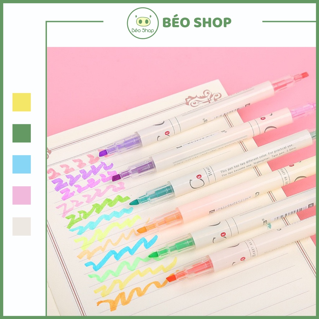 Bộ 3 bút 6 màu dạ quang highlight Béo shop bút đánh dấu 2 đầu marker dễ thương B08