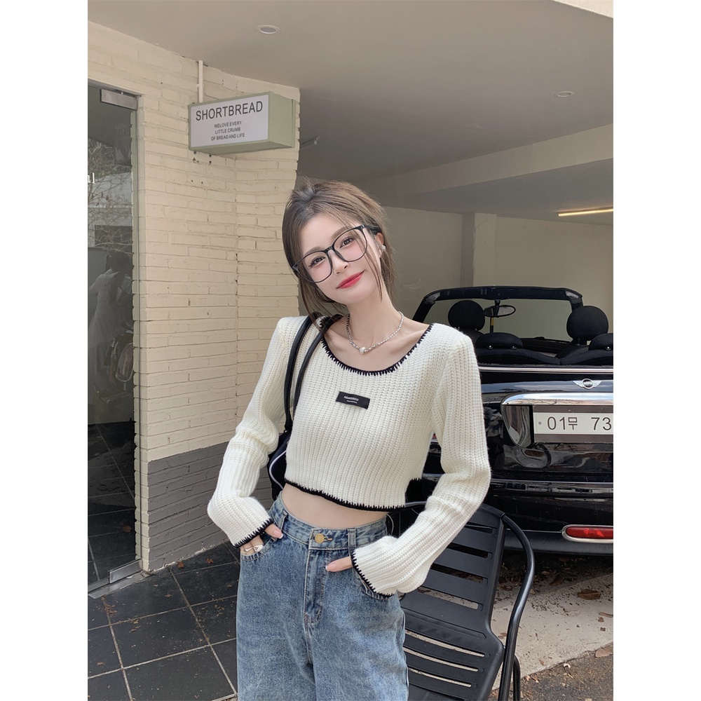 Áo Sweater Dệt Kim Tay Dài Cổ Vuông Màu Tương Phản Thời Trang Cho Nữ