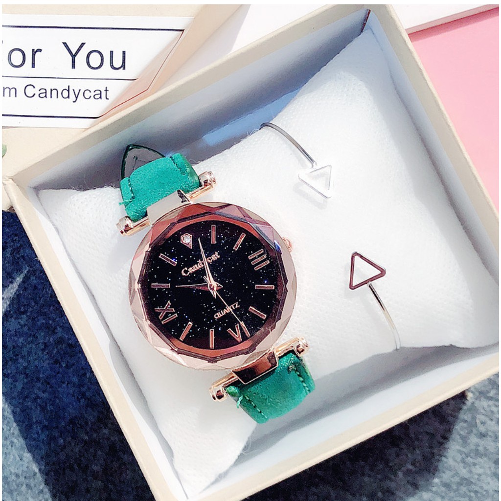 [Cực Đẹp] Đồng Hồ Nữ Dây Da Lộn Candy Cat La Mã C222 Chấm Dễ Thương - Hazo