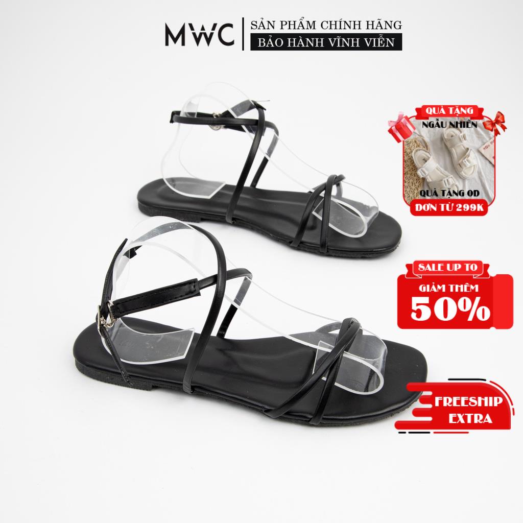 Sandal nữ thời trang MWC giày sandal đế bệt dây mảnh quai chéo chiến binh màu đen trắng NUSD- 2856