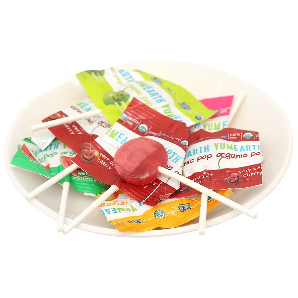 Kẹo mút hữu cơ cho bé YUMEARTH chính hãng hương trái cây dâu tây dưa hấu đào lựu đỏ 10246