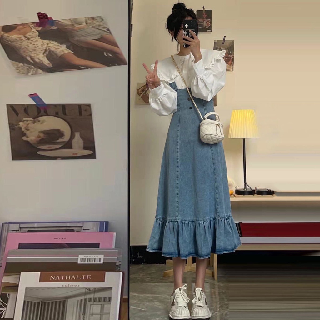 Set Áo Thun Ngắn Tay + Chân Váy Yếm denim Đuôi Cá Thời Trang Nữ