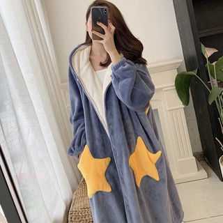 Áo Choàng Ngủ Dáng Dài Vải Flannel Dày In Hình Ngôi Sao Dễ Thương Thời Trang Mùa Đông Cho Nữ