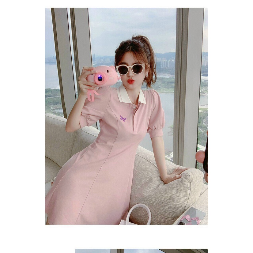 Đầm thun tay búp in hình bướm dáng ngắn xòe, đầm thun polo phối cổ trắng tiểu thư phong cách hàn quốc xinh đẹp