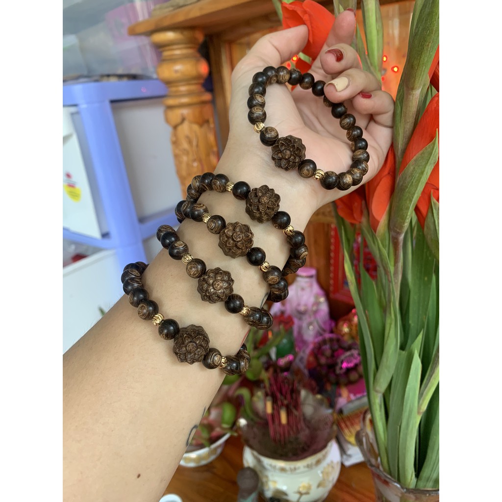 Vòng tay trầm hương đơn mix hoa sen nhiều size - Trầm hương sánh chìm