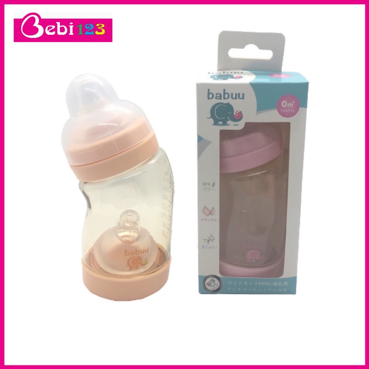 (Tặng Ty) Bình sữa PPSU cổ nghiêng Babuu Nhật Bản dung tích 180ml, 260ml