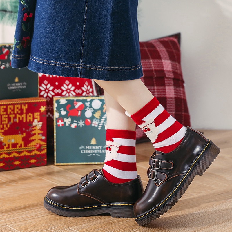 4 Pairs/Box Girls Cartoon Christmas Socks Cute Middle Tube Socks for Xmas Party Holiday Funny Women Santa Claus Cotton Warm Socks