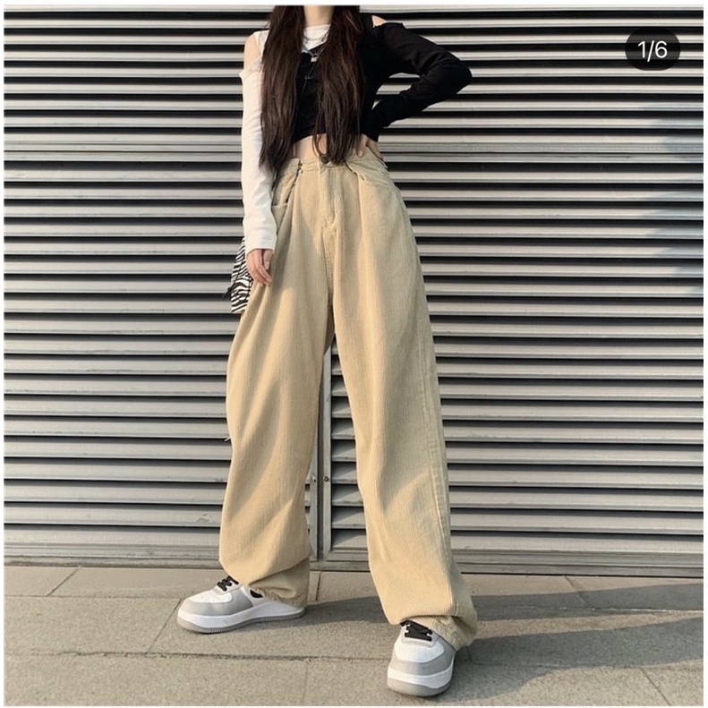 quần nhung gân ống rộng dài phủ gót cạp cao kèm gài eo unisex