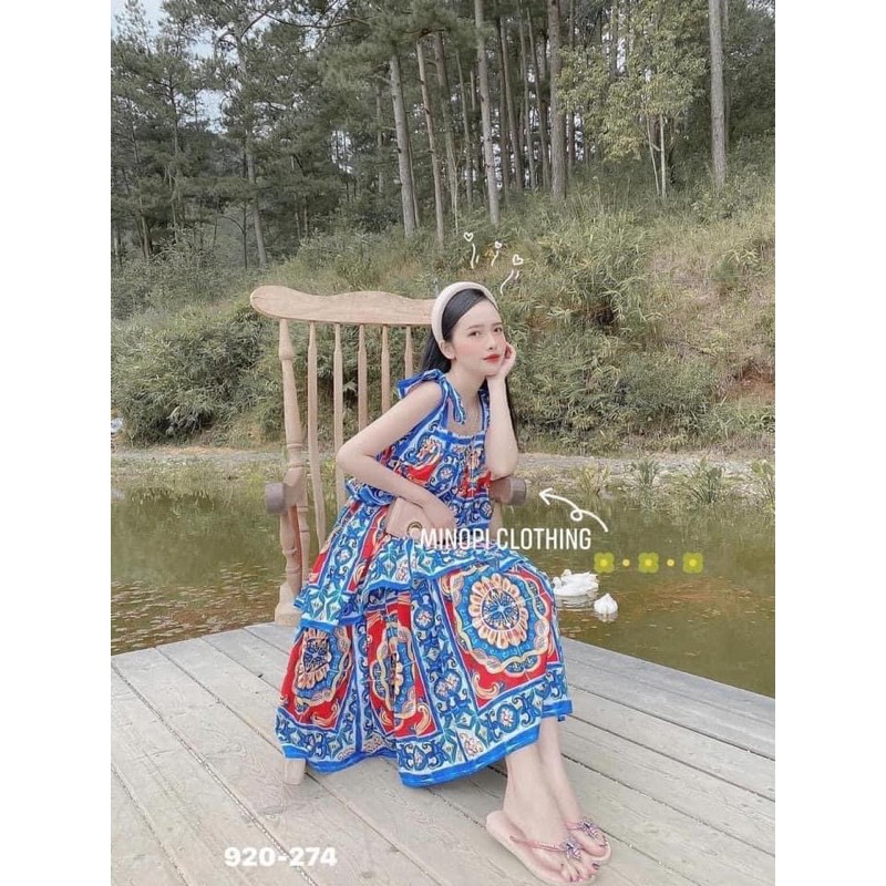 Đầm maxi tầng 2 dây hoạ tiết Thổ cẩm hothit-ORD