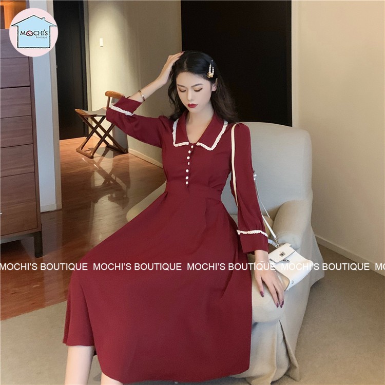 Váy đầm nữ dáng dài xòe cổ bẻ, mẫu váy đầm nữ đẹp dài tay, 2 màu đen đỏ nổi bật, chân váy dài qua gối nữ tính-M041 | BigBuy360 - bigbuy360.vn