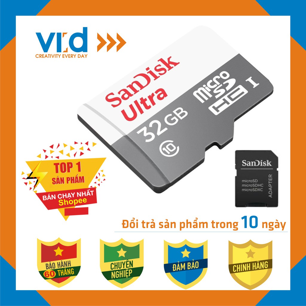 Thẻ Nhớ MicroSDHC SanDisk Ultra 32GB Upto 100MB/S 667x - Bảo hành 5 năm