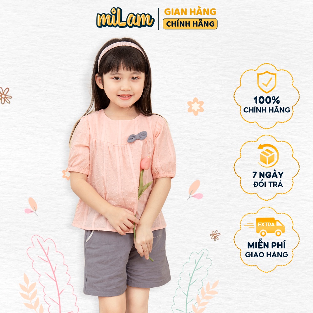 Set bộ đồ Bow bé gái miLam cách điệu đính nơ áo hồng quần xanh dễ thương chất thoáng mát mặc đi học đi chơi