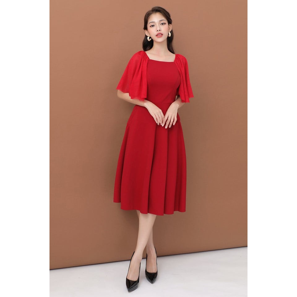 Đầm xòe cổ U tay lưới thiết kế cao cấp