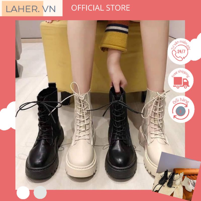 Giày bốt nữ buộc dây, giày boots đế bánh mỳ cổ khóa kéo mẫu mới 2021 kèm ảnh thật