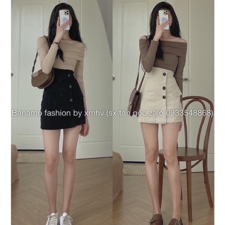 [Mã FAMARAL2 giảm 10K đơn 50K] Chân váy cạp cao vải nhung tăm độc lạ 3 khuy tôn dáng BANAMO FASHION 551