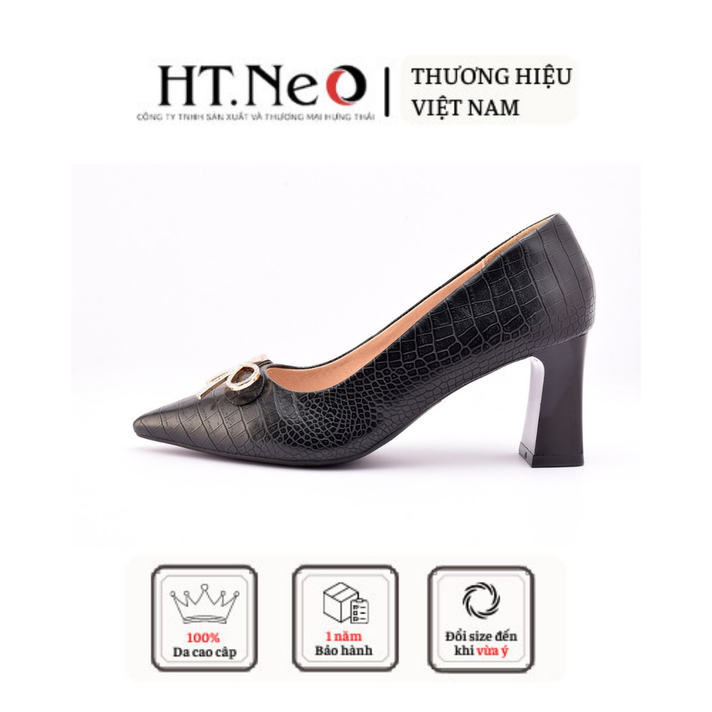 Giày cao gót đế vuông HT.NEO Da vân tự nhiên, mũi nhon gót vuông cao 6cm, đính nơ cực xinh CS221