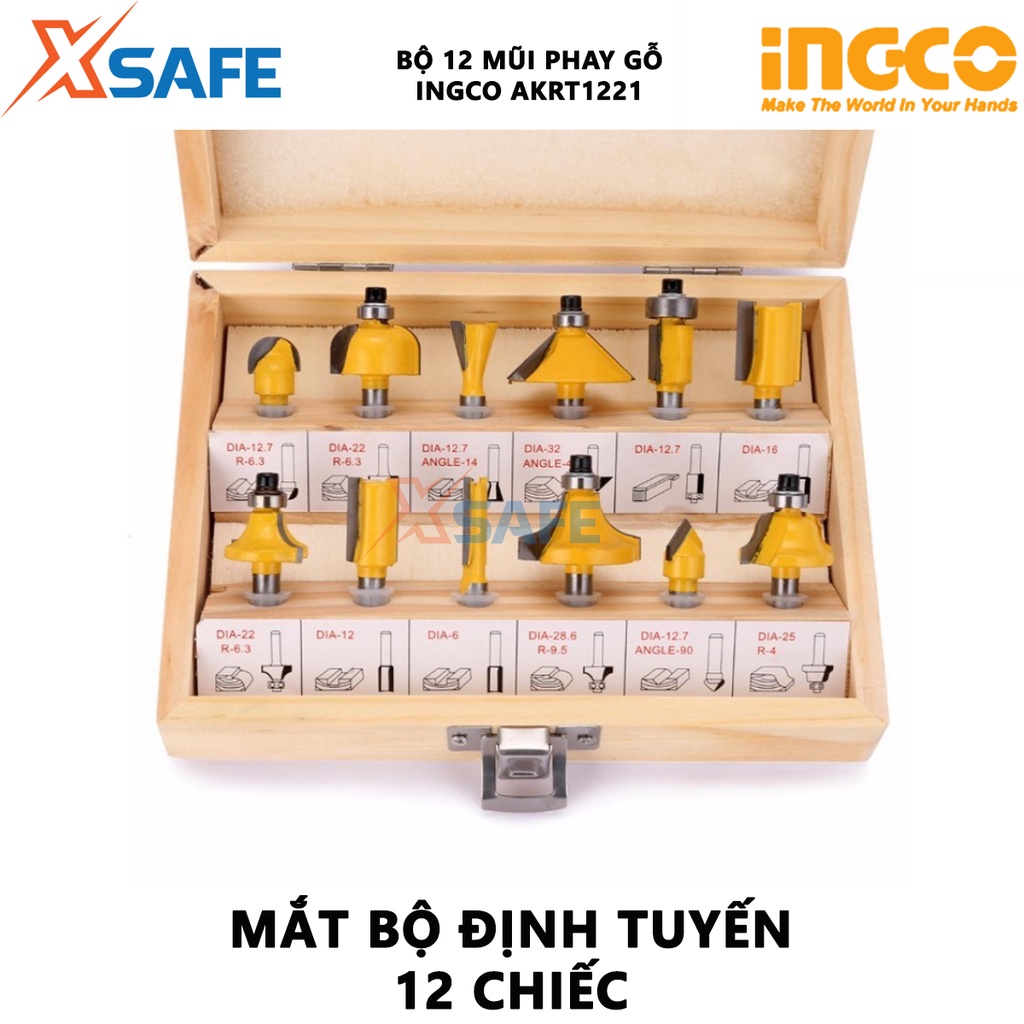 Bộ 12 mũi phay gỗ INGCO AKRT1221 | bộ dao phay gỗ 12 chi tiết Đường kính trục 12mm 3 chiếc bit thẳng 6mm, 12mm, 16mm