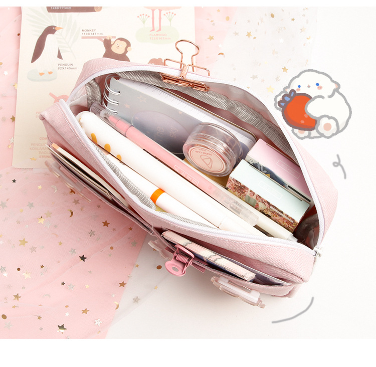 School Supplies kawaii Large Capacity Pencil Case Storage Canvas Pencil Bag Cute Makeup Bag for Girl Kids Gift w/ Badge