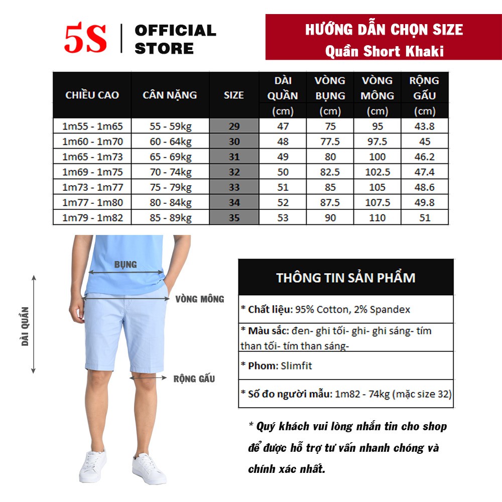 Quần Short Nam 5S (6 màu), Chất Kaki Cotton Co Giãn, Thấm Hút Tốt, Hạn Chế Nhăn (QSK21020-01)