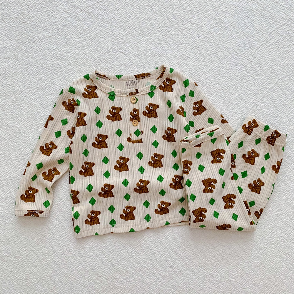 Đồ bộ bé trai bé gái con gấu họa tiết ô xanh năng động cá tính, Set quần áo sơ sinh vải cotton tổ ong tay dài Hàn Quốc