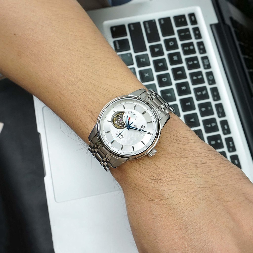 Đồng hồ nam dây kim loại mặt kính chống xước Automatic Olym Pianus OP990-163 OP990-163AMS trắng