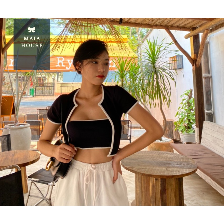 ảnh và video tự quay. Set áo croptop áo ống kèm khoát ngoài, chất thun gân dày dặn loại tốt