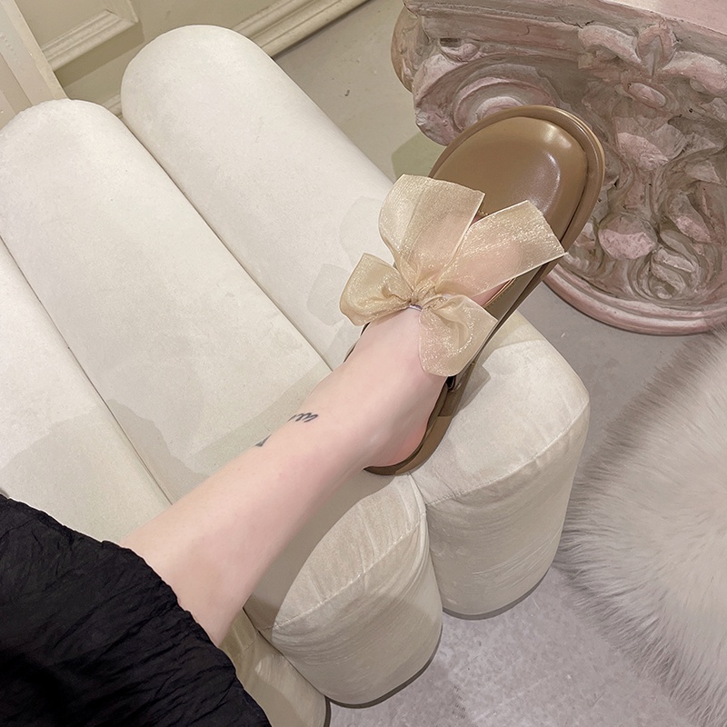 Dép lê IELGY đế phẳng bít mũi đính nơ hở phân nửa dành cho nữ