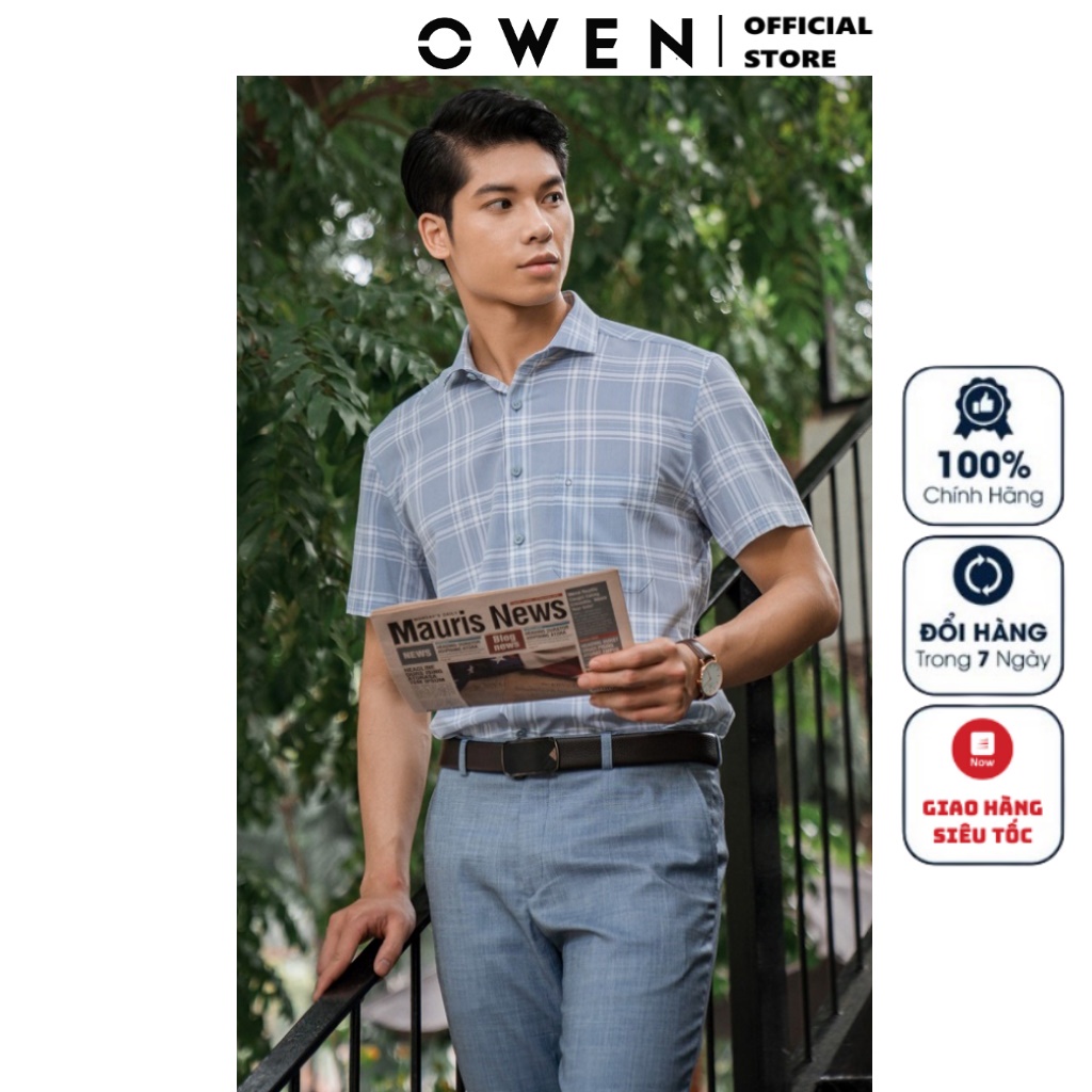 Áo Sơ Mi Nam Ngắn Tay OWEN BA220055NT Somi Công Sở Cao Cấp Màu Ghi Caro Trắng Vải Bạc Hà Dáng Suông Tà Bằng Có Túi