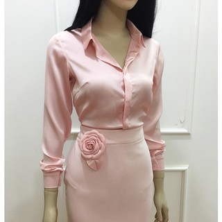 Áo sơ mi nữ màu hồng cam nhạt💖Freeship💖Áo lụa dài tay cổ đức vải đẹp