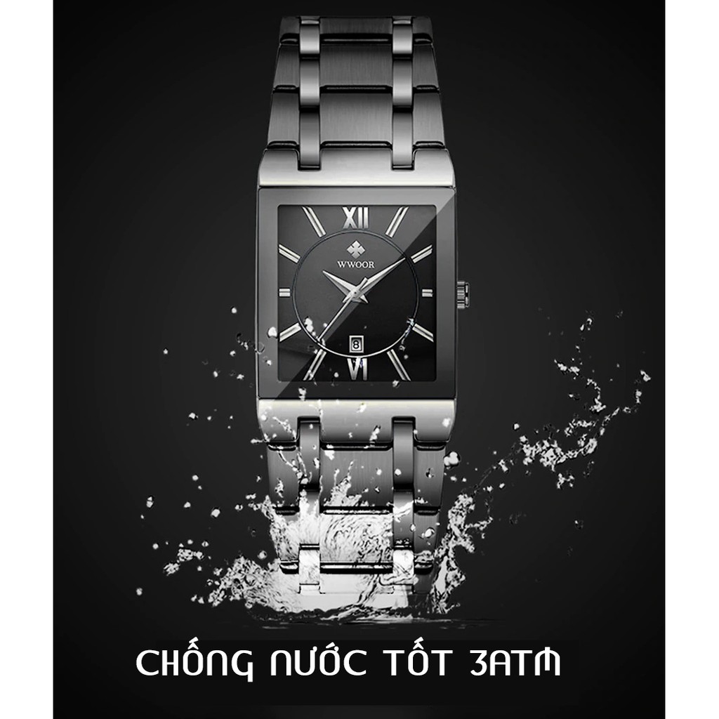 Đồng Hồ Nam WWOOR HALEI Mặt Vuông Nổi Bật, Dây Thép Không Ghỉ, Chống Nước Sinh Hoạt