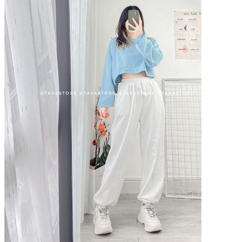 Áo sweater nỉ croptop xanh dương kèm quần bomber trắng thể thao năng động, cá tính kèm ảnh thật MS123