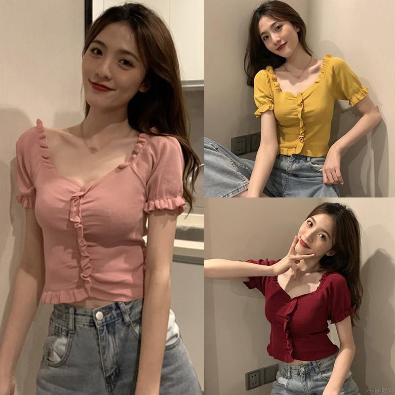 Áo kiểu tay ngắn cổ chữ V thời trang mùa hè Hàn Quốc cho nữ