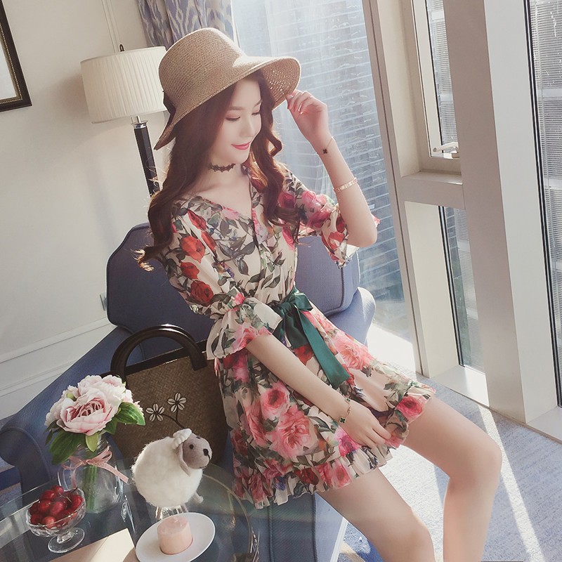 Jumpsuit hoa hồng công chúa bo tay áo