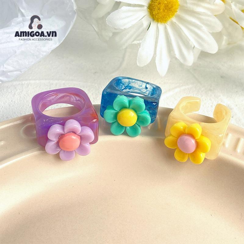 ✨✨Nhẫn nhựa acrylic họa tiết hoa phong cách Hàn Quốc thời trang cỡ 17mm