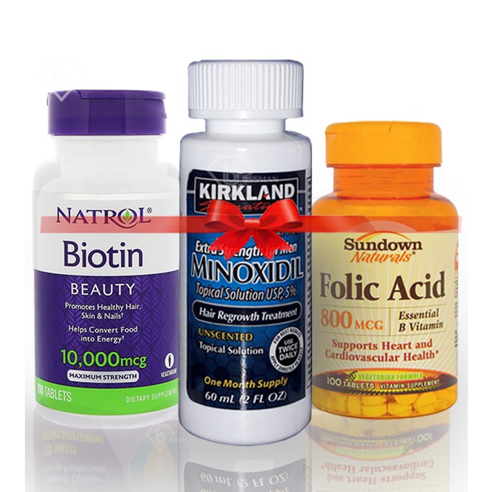 #FREESHIP - Combo Minoxidil 5% Kirkland  và Folic và Biotin - Thuốc mọc râu - Trị Hói