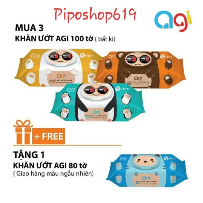 Combo 03 khăn ướt Agi 100 tờ không mùi tặng 01 Agi 80 tờ