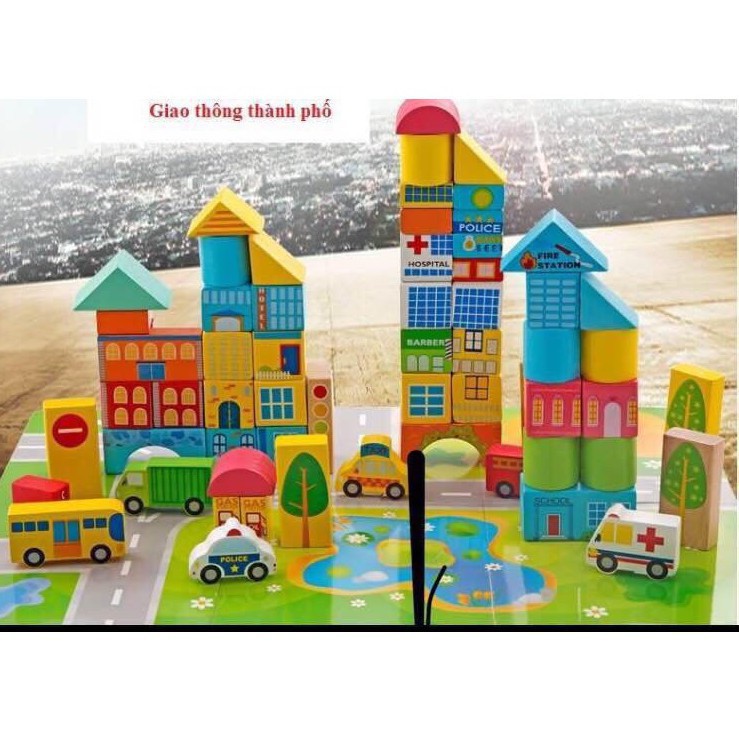 [Hot]-[ Siêu Khuyến Mại] - Bộ Đồ Chơi Lắp Ghép Mô Hình Thành Phố 62 Chi Tiết Bằng Gỗ